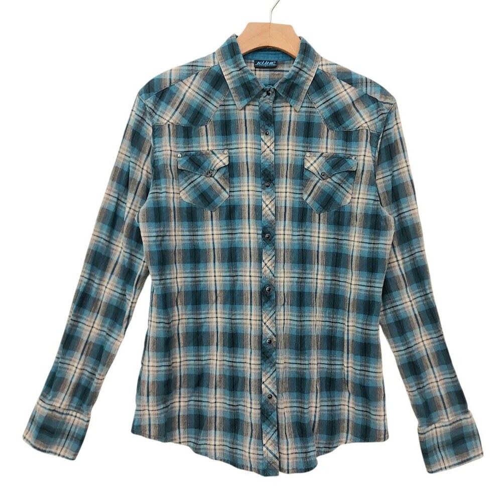 Kuhl Womens Large Blue Flannel Shirt Plaid Pearl Snap Long Sleeve Travel Hiking